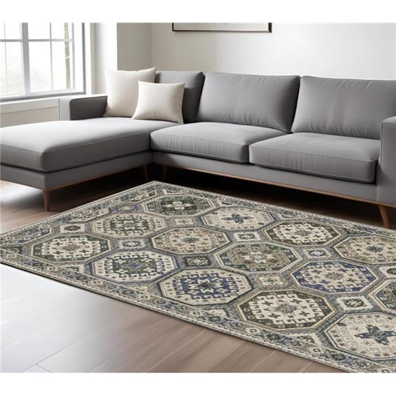 HomeRoots 574970 8 x 11 ft. Medallion Rectangle Area Rug with Fringe, Ivory & Blue