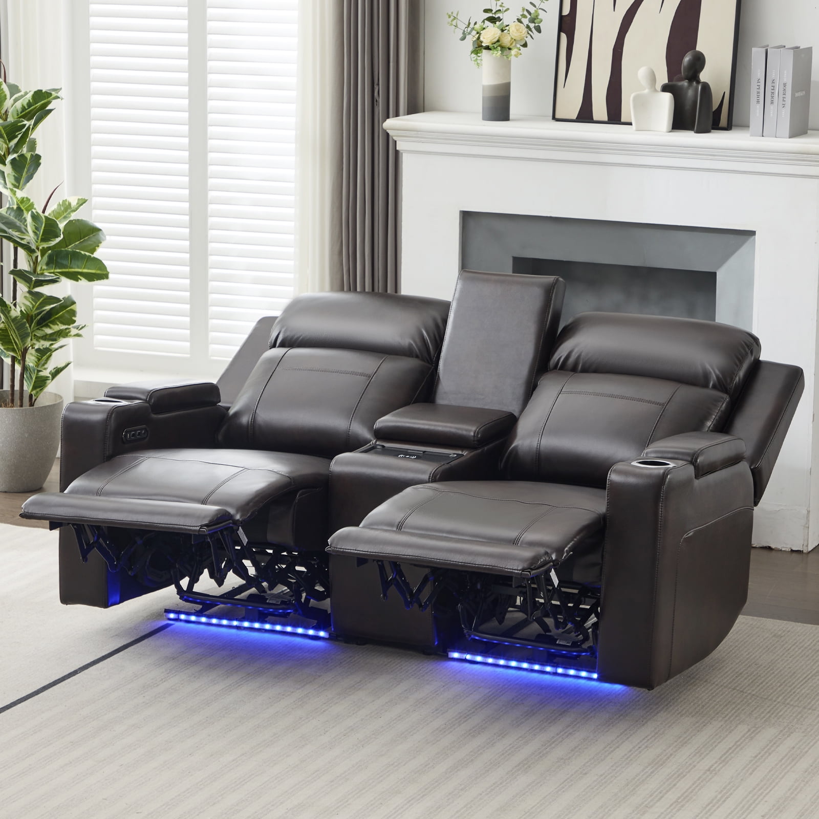 Power Loveseat Recliner Sofa, Home Theater Seating with Adjustable Headrest, Blue LED Lighting, Reclining Loveseat, Storage, Cup Holder, USB, Wireless Charging