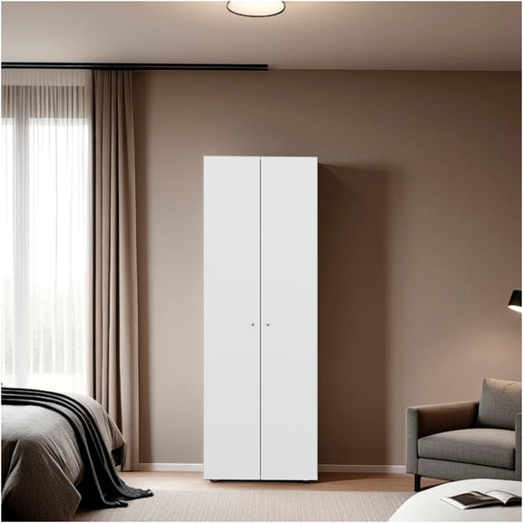 JERFIT White Modern Wardrobe Cabinet with Doors, 4 Adjustable Shelves for Bedroom Closet Organization Storage