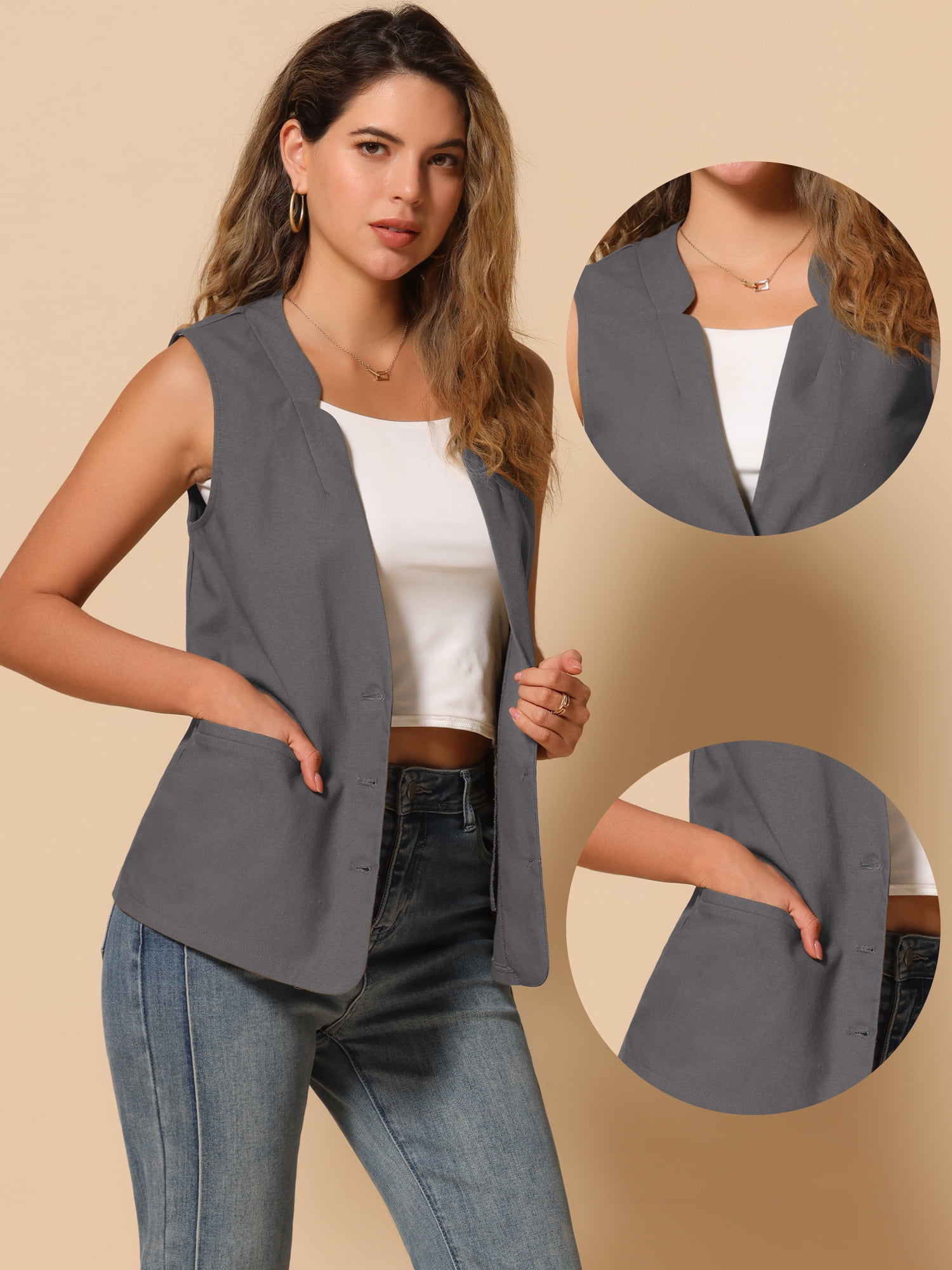 DARING DIVA Women's Cotton Linen V Neck Button Down Jacket Vest S Dark Gray