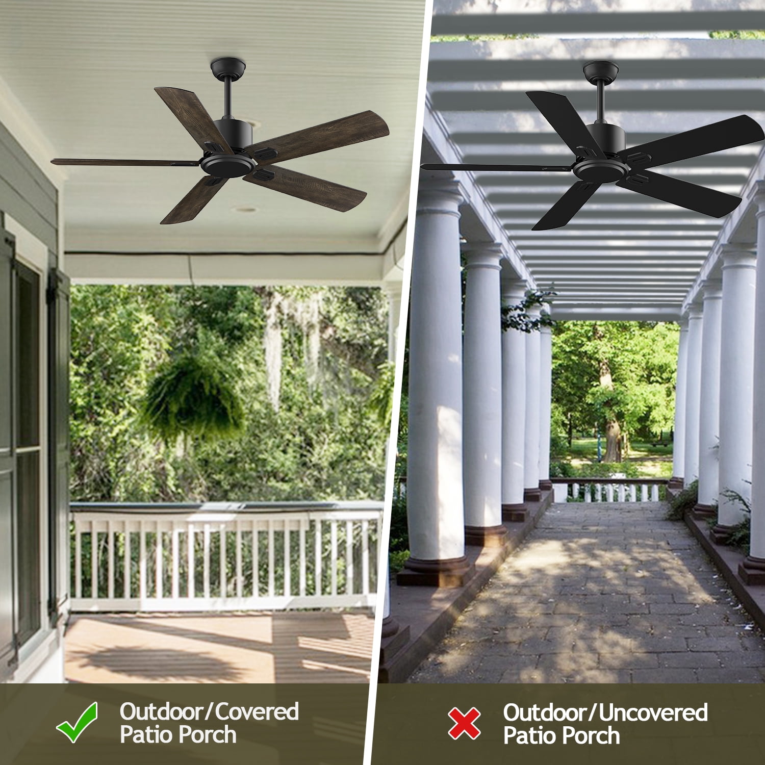 XAUJIX 52" Ceiling Fan with Remote Control No Light, 6 Speeds Reversible DC Motor Indoor Outdoor 5 Blades Modern Ceiling Fans for Patio Garage Kitchen Bedroom(Old Oak/Black)