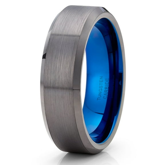 Gunmetal Tungsten Wedding Ring Blue Tungsten Ring Men & Women 6mm Blue Tungsten Ring Anniversary Ring Comfort Fit Ring