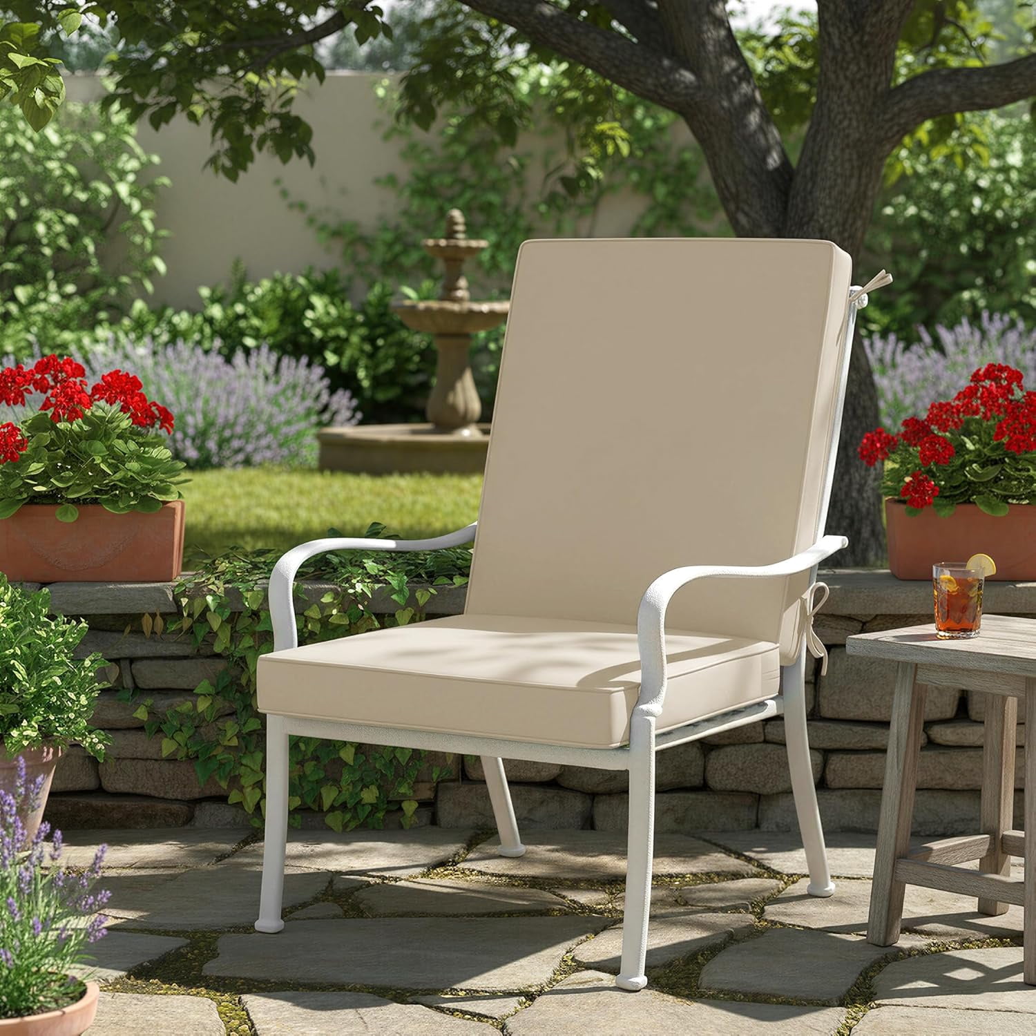 Outdoor Dining Chair Cushions, Water Resistant High Back Patio Seat Cushion Set with Ties, Removable Covers, Non-Slip Bottom for Garden Lawn Patio Furniture, 44 x 20 Inch, Cream