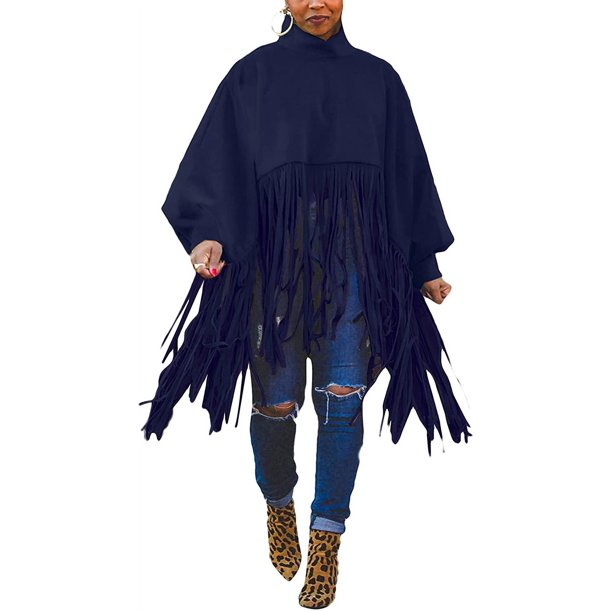 NRTHYE - Poncho para mujer, cuello alto, manga larga, con flecos, talla grande Zhivalor HMFJ296-36