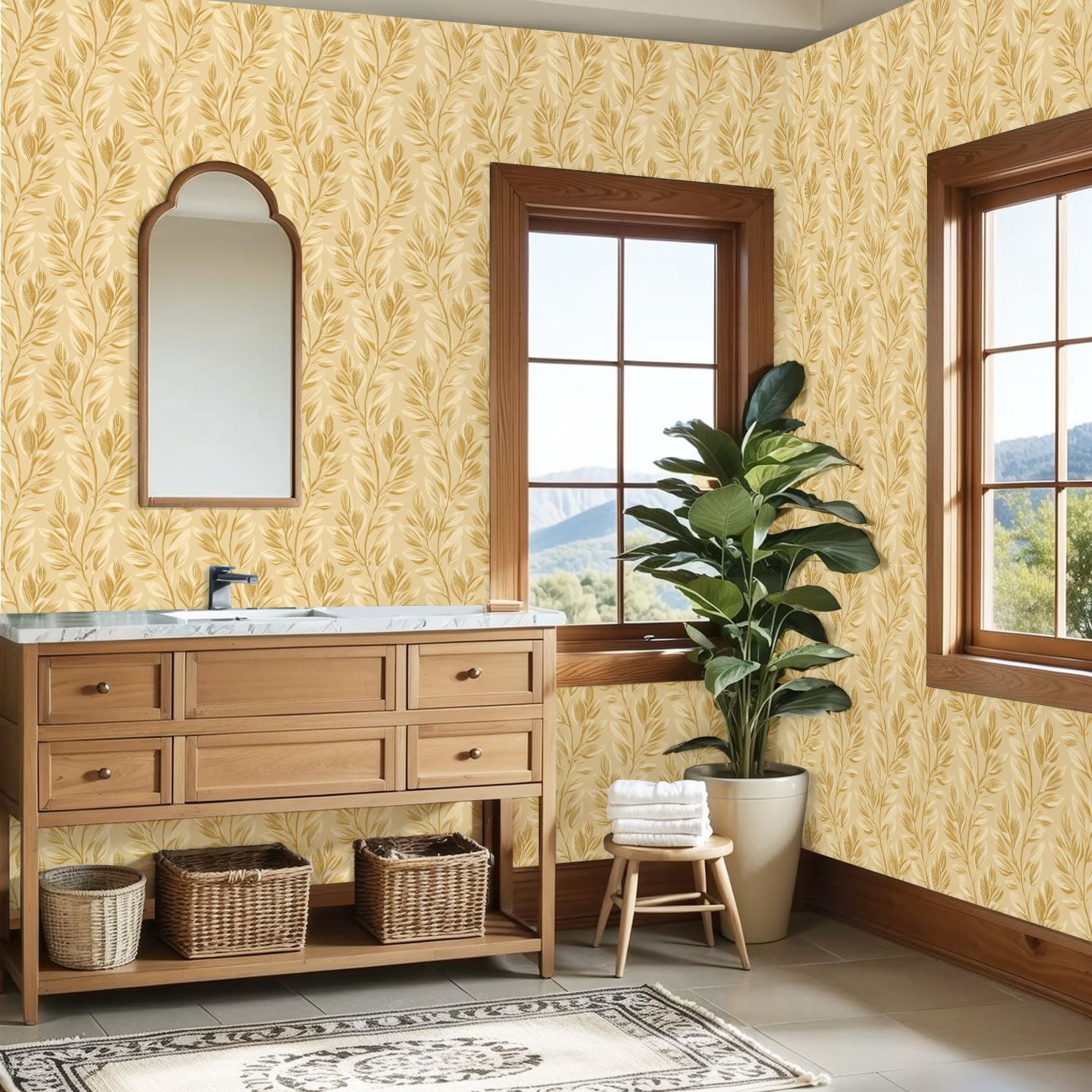Peel and Stick Wallpaper Vintage Golden Leaf Cream Wall Mural 23.6in x 9.8ft Self Adhesive Removable Wall Paper Renter Friendly Wallpaper for Bedroom Studio Lake House