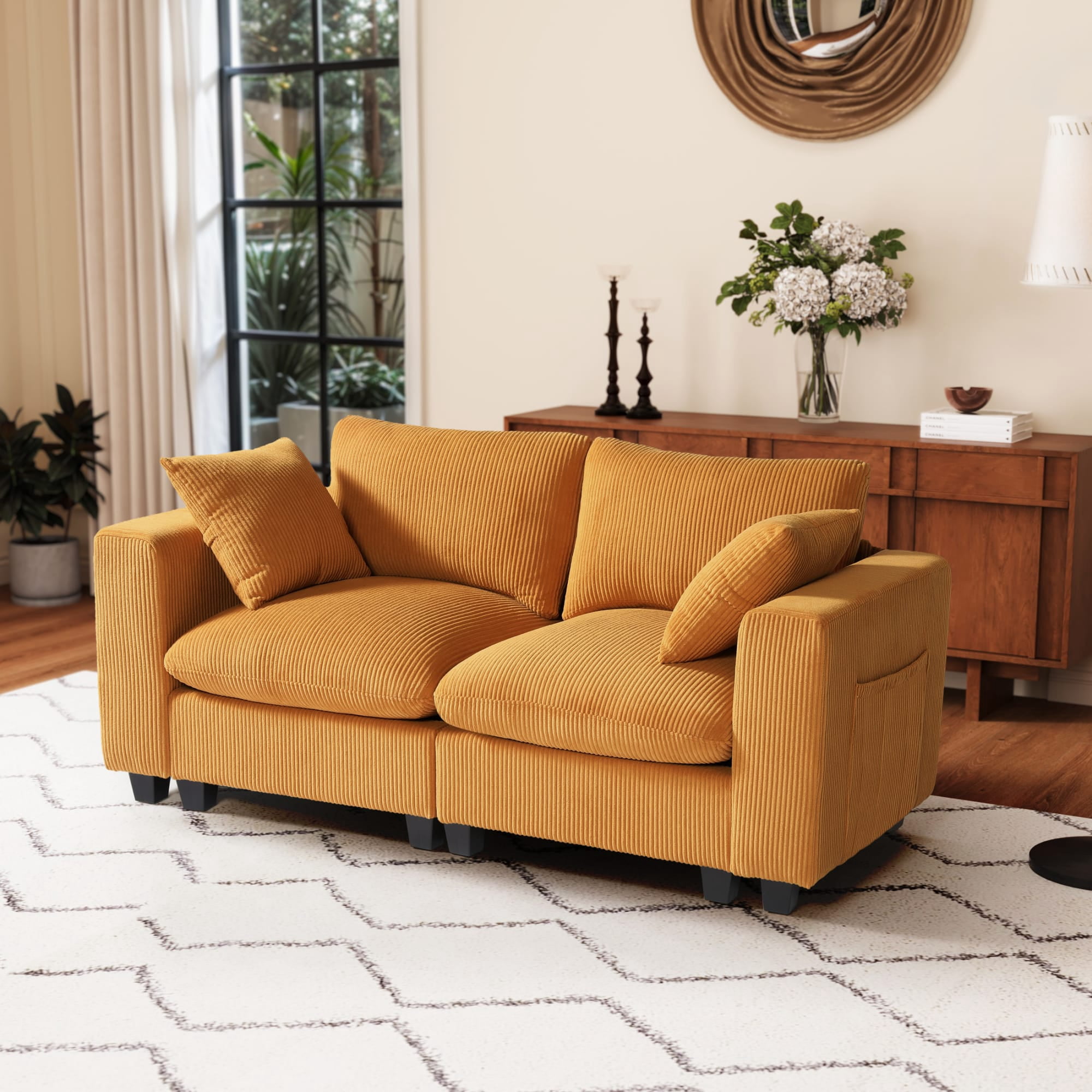 WestinTrends Hearthside 70" Modular Corduroy Loveseat Sofa With USB/Type-C Ports and Side Pockets, Mustard