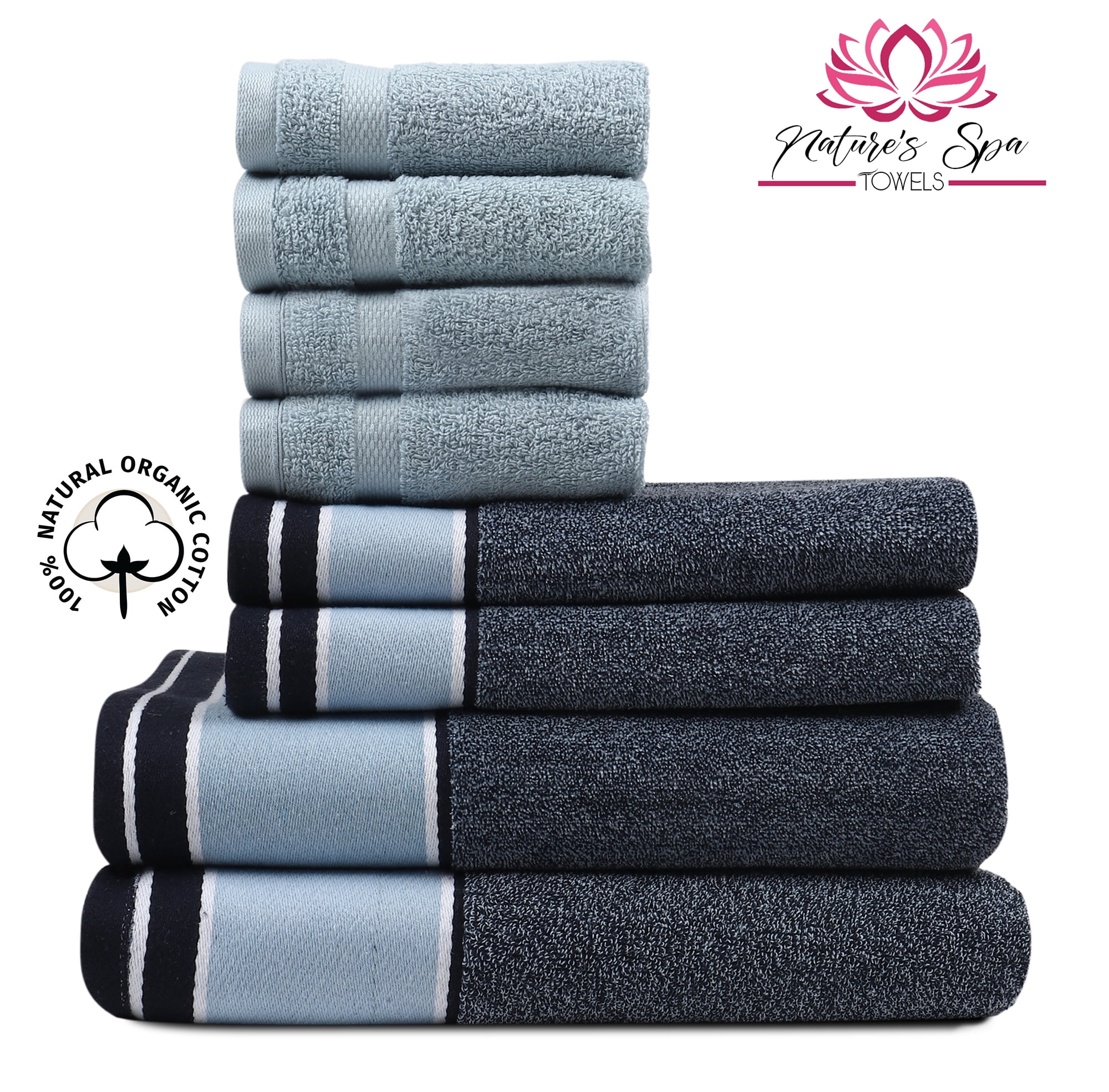 Superior 100 Cotton Set of 8 Bath Towel Set Blue, Nature's Spa Towels