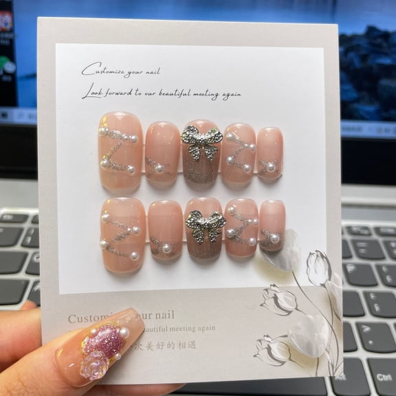 ADITYSHOP - Handmade Elegant Silver Ribbon Press-On Nail Large, Kit included