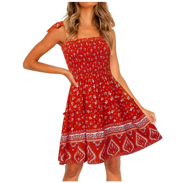 Mini vestido de verano para mujer con estampado floral bohemio y tirantes finos con cuello cuadrado y volantes Fridja bnh796