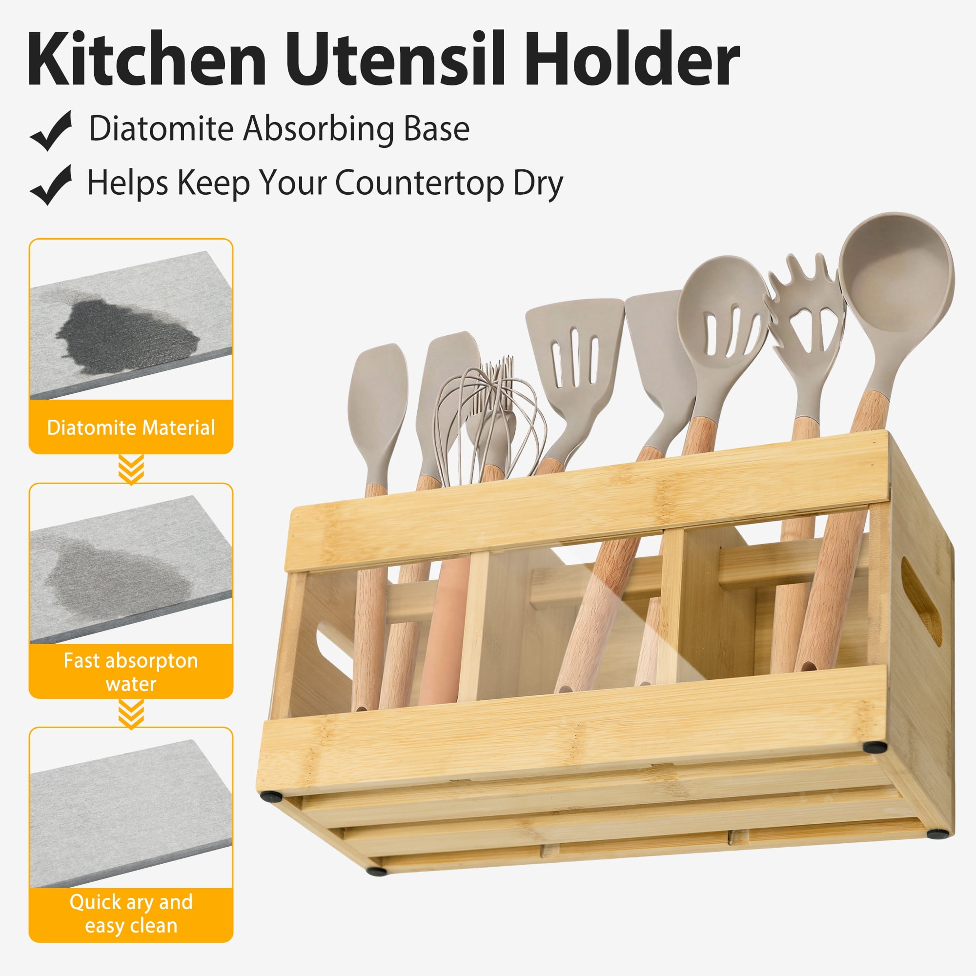 Sentryse Kitchen Utensil Holder with 6 Compartments, Wooden Utensil Holder for Kitchen Counter, Cooking Utensils Organizer with Quick Dry Diatomite Base, Acacia Rustic Wood, Small Size