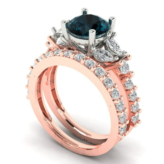 3.06 ct Brilliant Round Cut Natural London Blue Topaz 18K Rose/White Gold Solitaire with Accents Engagement Bridal Wedding Ring Band Set size 3.5