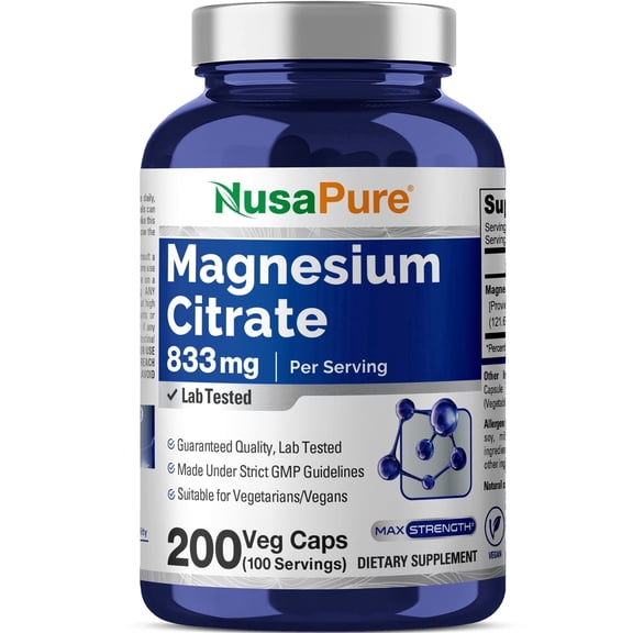 NusaPure 833mg Max Strength Magnesium Citrate Dietary Supplement with 200 Veggie Capsules, Dietary Supplement for Unisex Adult Health & Wellness