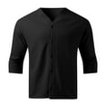 thumbnail image 3 of Camisa De Botones Para Hombre Camisa de botones de manga larga a cuadros para hombre, Top de cuello levantado sin cuello de Color sólido (Black, 3XL), 3 of 5