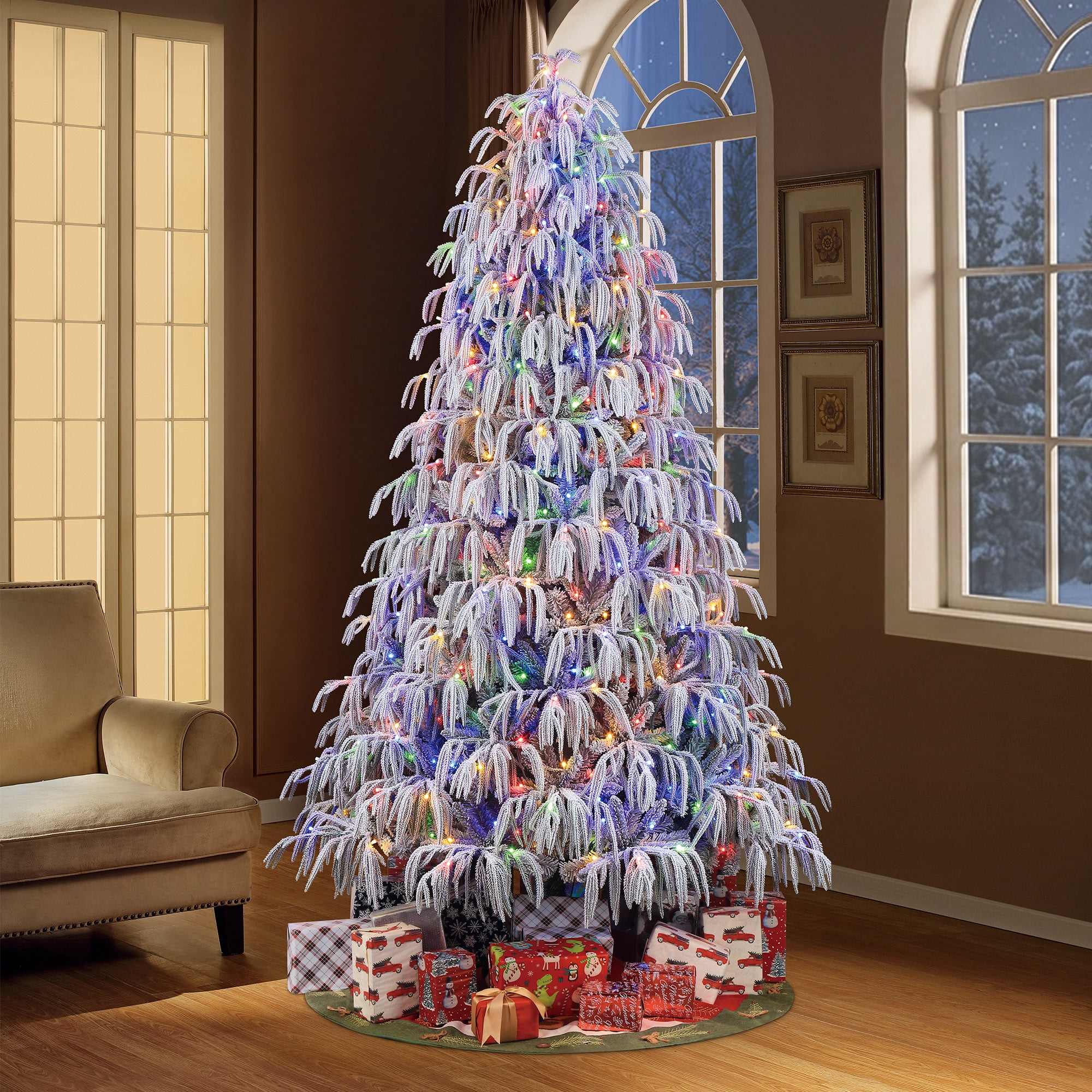 7.5ft Pre-Lit Glittering Flocked Hamilton Spruce Christmas Tree by Holiday Time, 450 Color-Changing LED