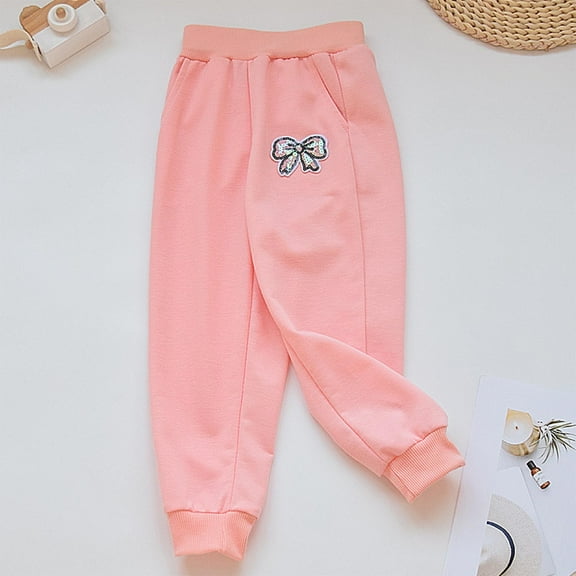 CYRBOKO Girls Sweatpants, Running Elastic Waist Printed Cotton Athletic Pants Pink Size 6-7 T