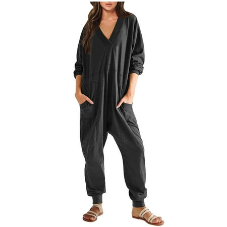 Women Casual Jumpsuit Ladies Long Sleeve V Neck One Piece Playsuits Loose Full Body Rompers with Pocket Women s Solid Color All In One Bodysuit Outfit Overall Pants