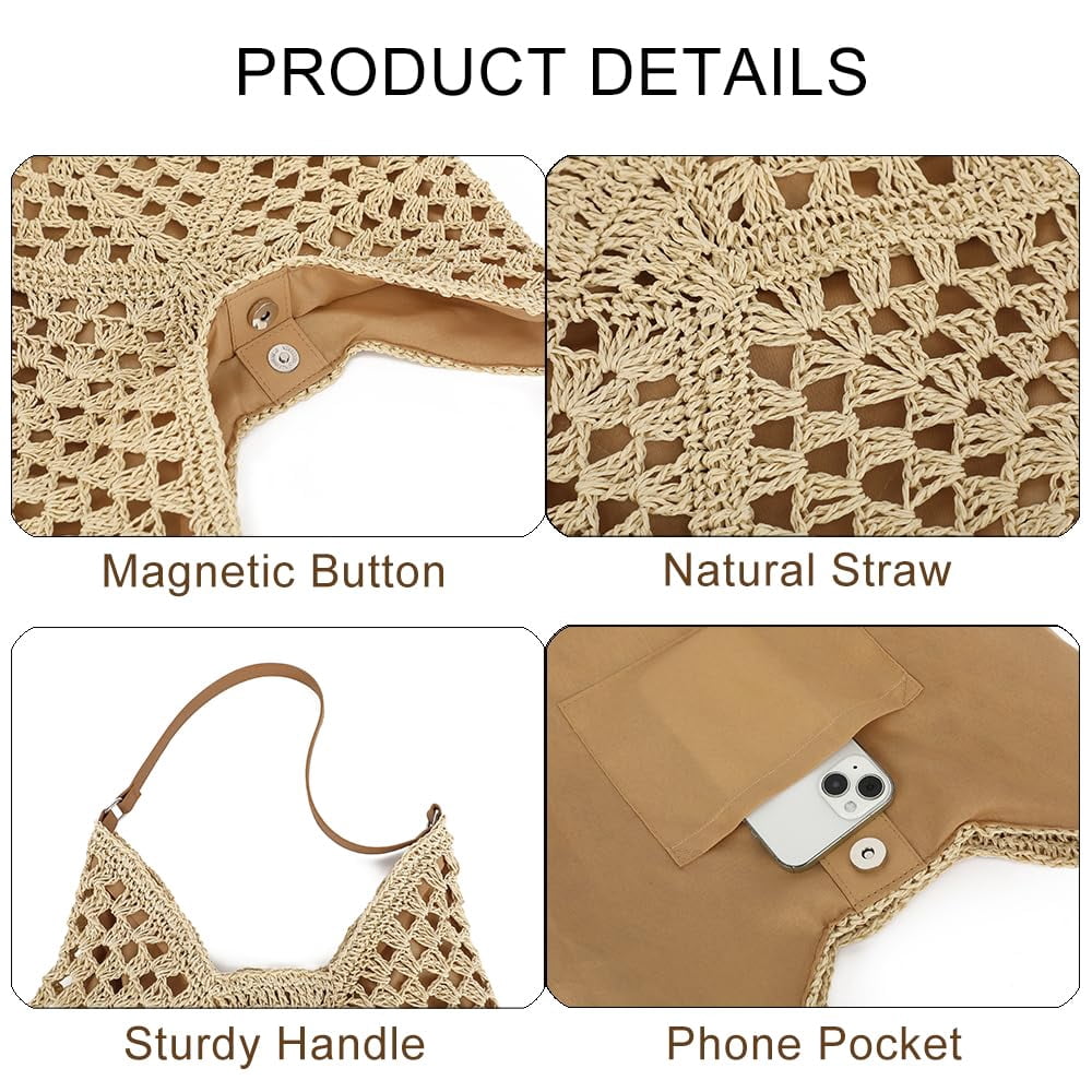 Omlopp Straw Beach Tote Bag for Women Raffia Crochet Purse Large Summer Hobo Woven Shoulder Handbag for Vacation