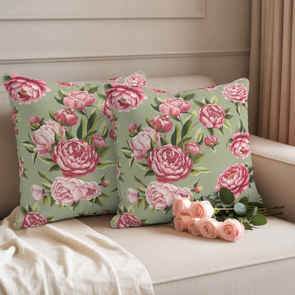 Outdoor Pillow Covers Abstract Pink Flowers on Green Waterproof Pillow Cases 18x18 Set of 2, Farm Floral Art Throw Pillow Cover Pillowcase for Patio Balcony Couch Garden