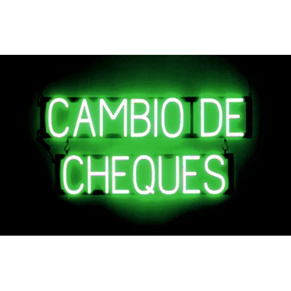 SpellBrite CAMBIO DE CHEQUES LED Sign for Business. 32.3" x 15.0" Green CAMBIO DE CHEQUES Sign Has Neon Sign Look With Energy Efficient LED Light Source. Visible from 500+ Feet, 8 Animation Settings.