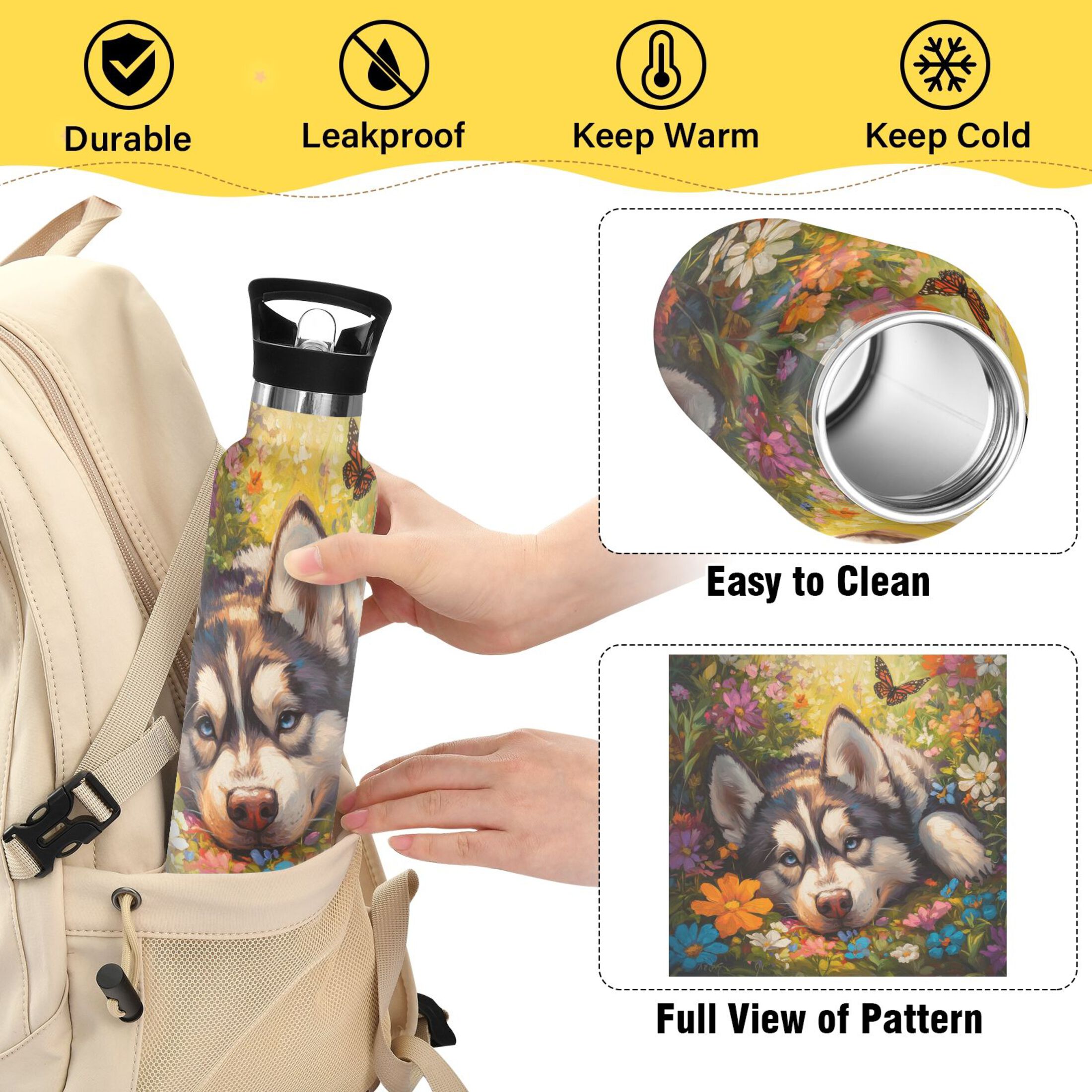 600ML Stainless Steel Insulated Cup Sports Water Bottle Portable Thermos Cup Water Glasses Insulated Tumblers Convenient and Durable Husky Butterfly