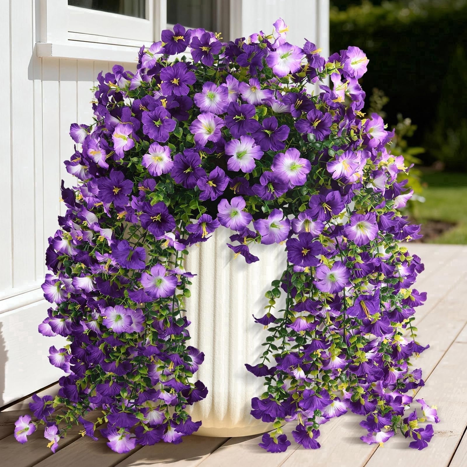 2 PCS Artificial Flowers for Outdoors, Fake Plants Decoration, Faux Silk Morning Glory, UV Resistant Realistic Planter Decor for Outside Indoor Balcony Front Porch Patio Yard Garden