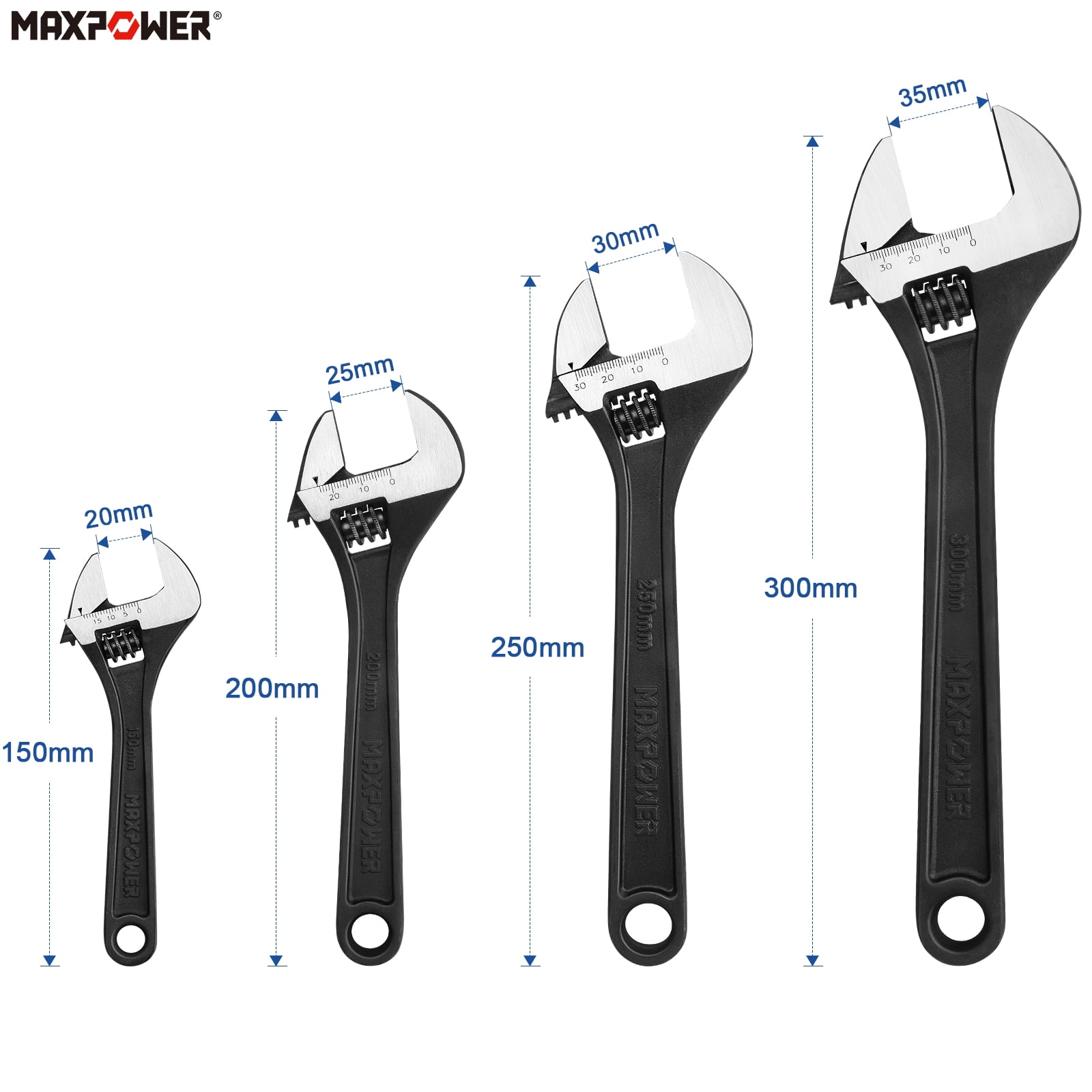 MAXPOWER Adjustable Wrench Set, Forged, Heat Treated, Black Phosphate Finish Adjustable Wrenches, 4 Pack (6-inch, 8-inch, 10-inch, 12-inch)