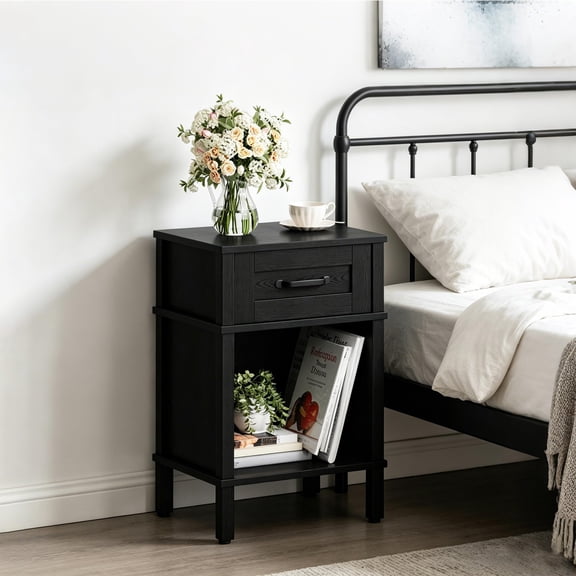 Black Wood Nightstand with 1 Drawer and Open Shelf, Modern Farmhouse