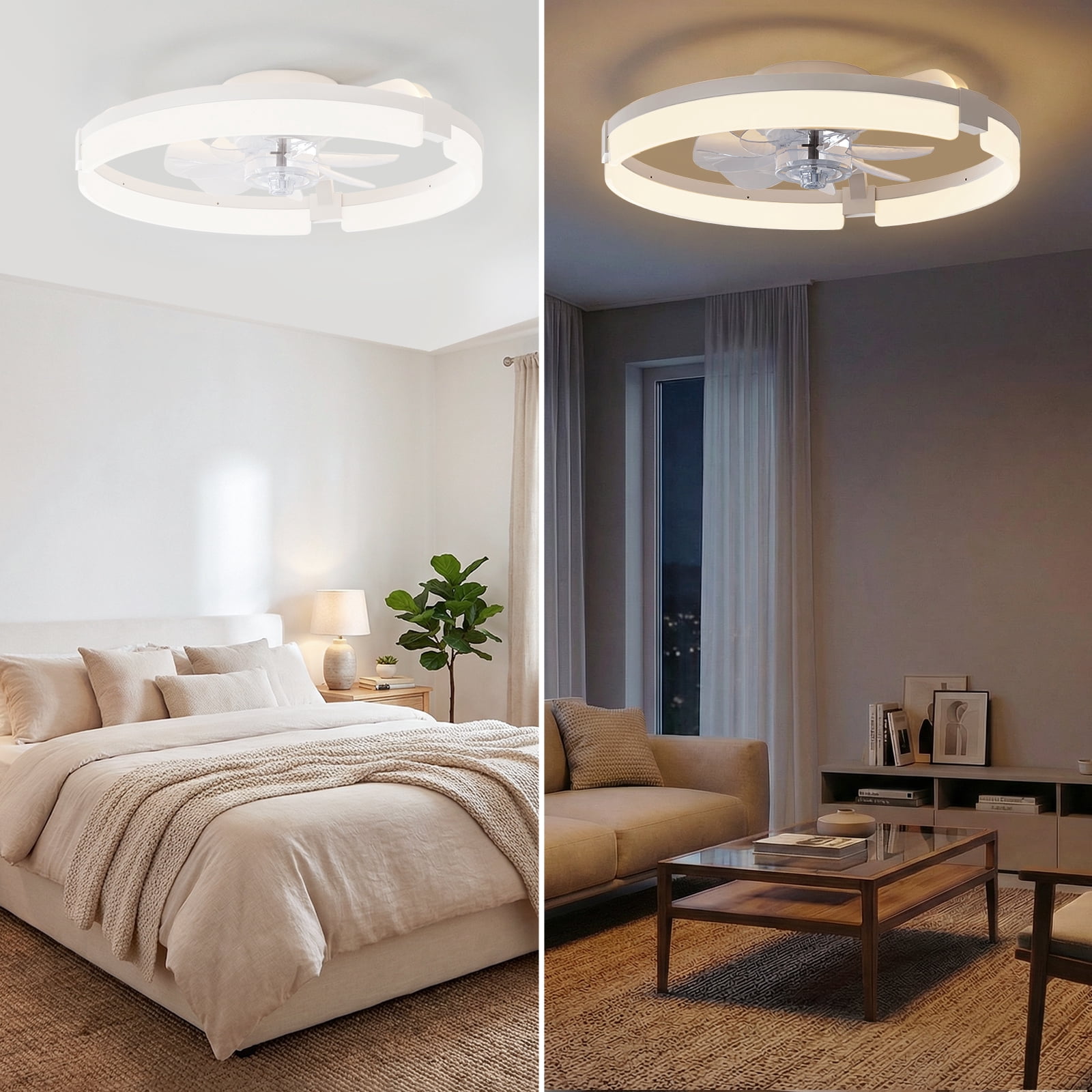 SHOUFTW Ceiling Fan 19.7inch, Caged Ceiling Fans with Lights, Farmhouse Low Profile Fandelier with Remote, Flush Mount for Bedroom, Living Room, Kitchen, 6 Wind Speeds, White