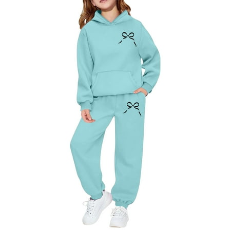 Kids Girls Boys Sweatsuit 2 Piece Track Suit Sweat Suits for Girls Cute Bow Sweatshirt and Jogger Sweatpants Set Light Blue 2-3 Years