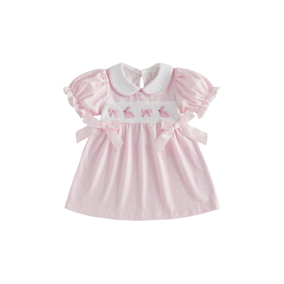 Toddler Little Baby Girl Easter Outfit Bunny Embroidery Smocked Dress Short Sleeve Doll Collar Bow Plaid Easter Dress Cute Summer Clothes