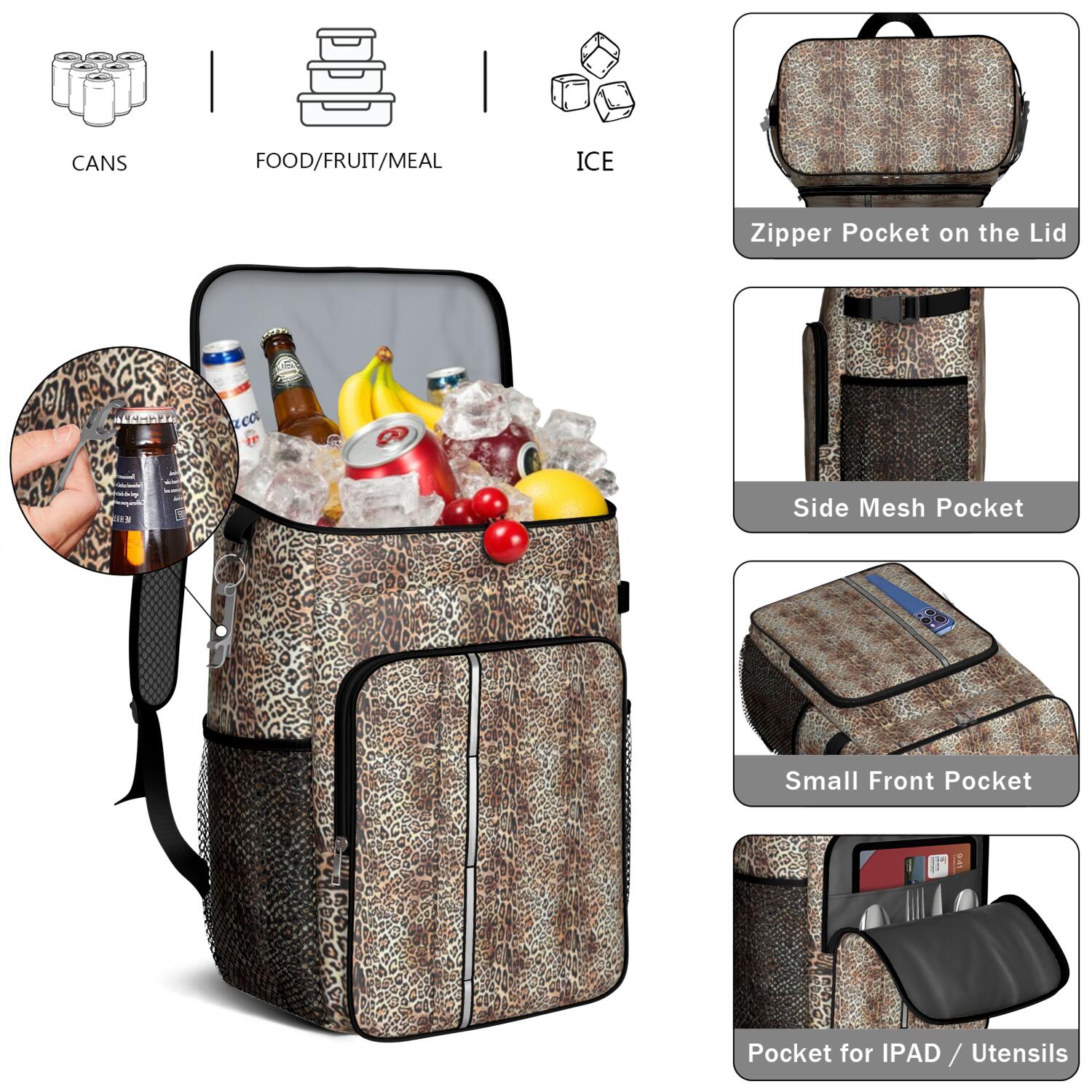 Travel Cooler Bag - Brown and Black Leopard Print Camping Beer Cooler Backpack with Bottle Opener- Waterproof Insulated Picnic Backpacks - Cooler Bag for Beach