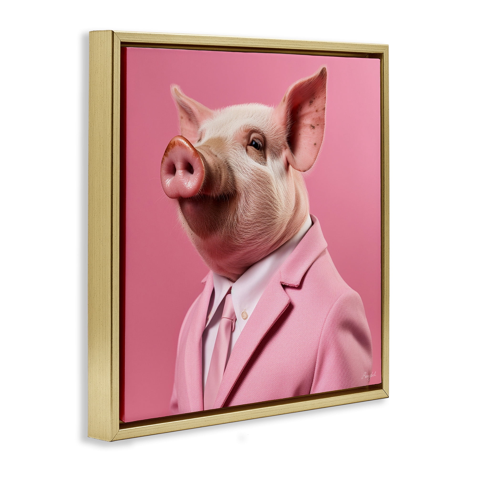 Stupell Industries Pink Pig Fashion Animals & Insects Painting Gold Floater Framed Canvas Art Print Wall Art, 18 x 18