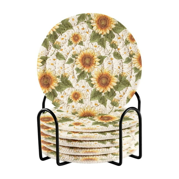 Bright Sunflower Drink Coasters with Holder Absorbent Coaster for Coffee Table Room Decor 6 Pack