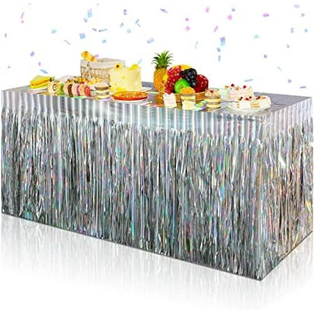 4 Pack Iridescent Table Skirt, Metallic Foil Fringe Tinsel Table Skirts for Rectangle Tables, Disposable Laser Rainbow Table Skirt Iridescent Party Decorations for Birthday Wedding Holiday,29x108Inch