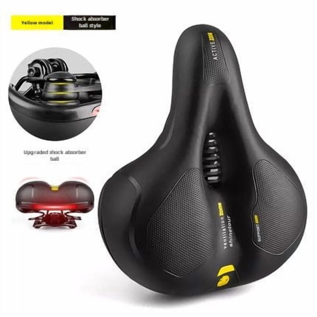 JCSp Universal Mountain Bike Saddle with Shock Absorption - Comfortable Soft Thickened Sponge & Premium Leather Construction, Black-Yellow Design, Reflective Stripe Included, One Size Fits All (R689