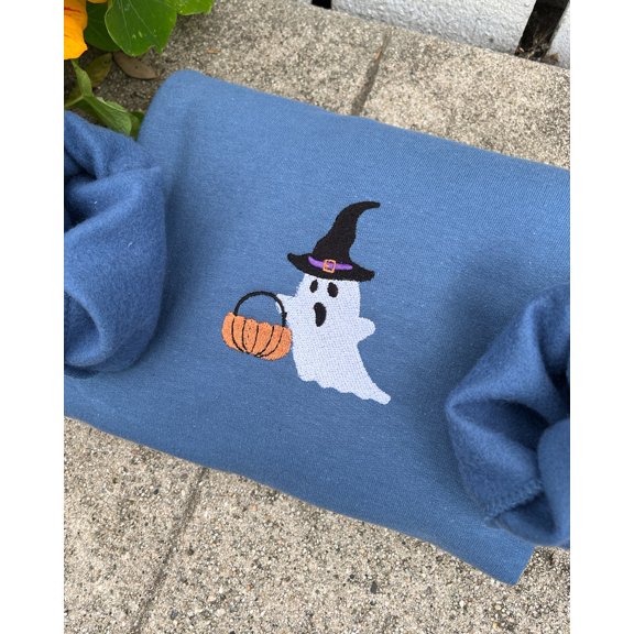 Ghost Trick Or Treat Witch Halloween Fall Embroidered Sweatshirt