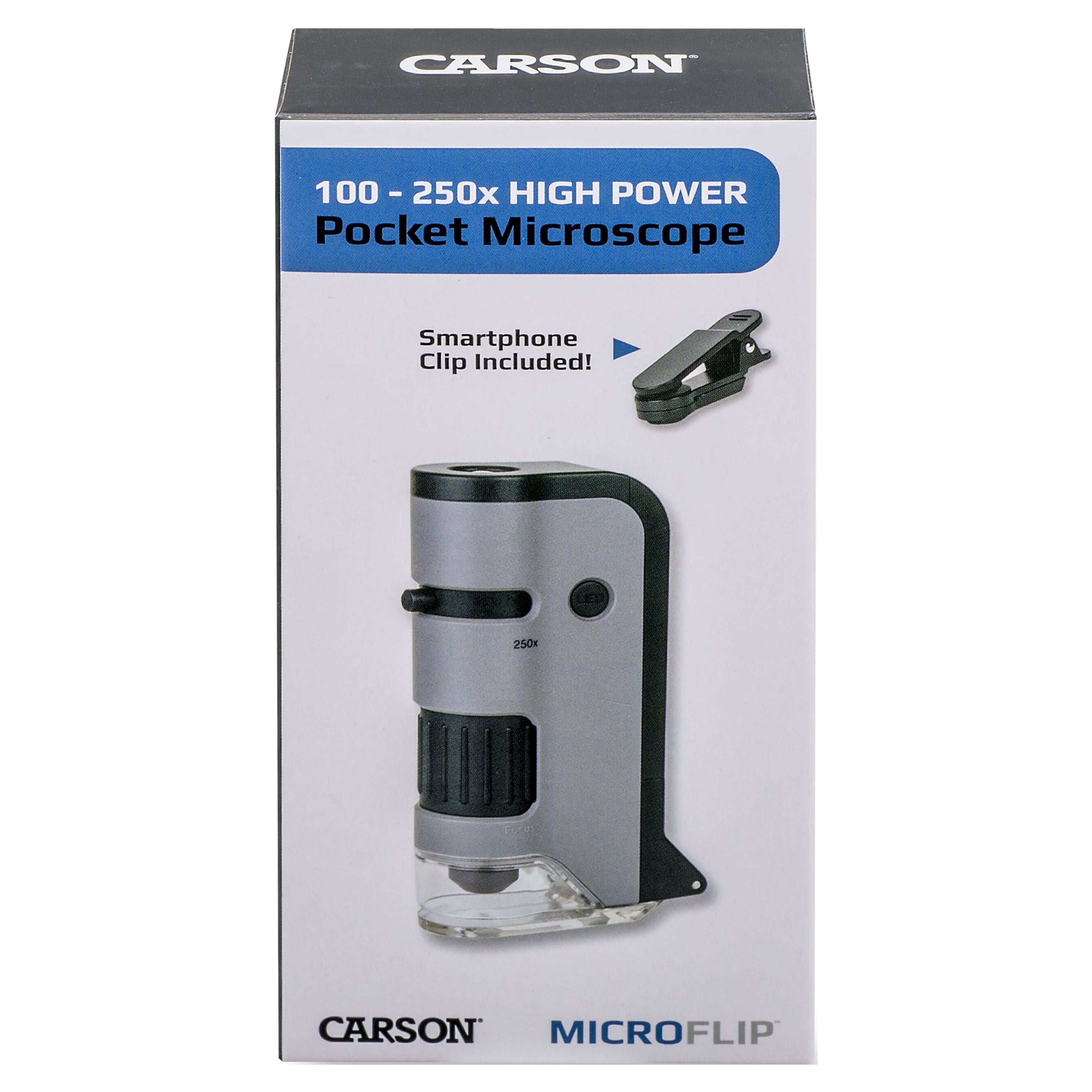 Carson MicroFlip 100x-250x LED Lighted Pocket Microscope with Flip Down  Slide Base, Smartphone Adapter Clip, and UV Flash