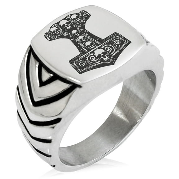 Stainless Steel Mjolnir Thor's Black Skull Hammer Chevron Pattern Biker Style Polished Ring