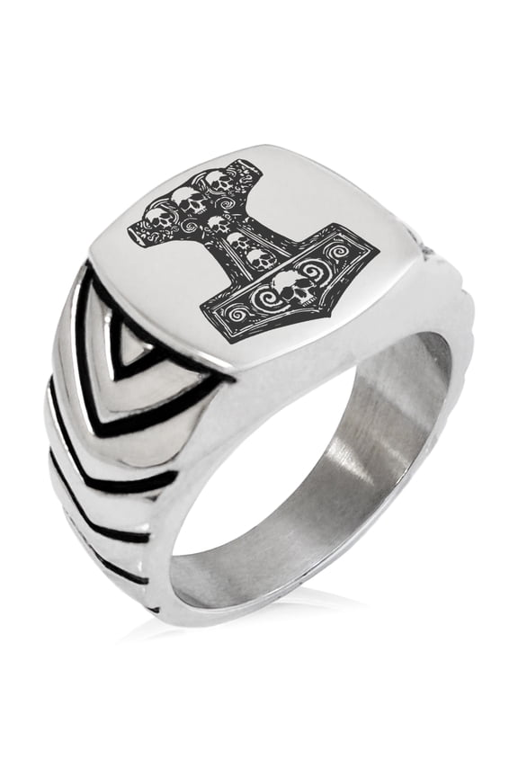 Stainless Steel Mjolnir Thor's Black Skull Hammer Chevron Pattern Biker Style Polished Ring