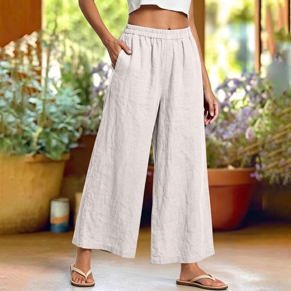 Oiangi Womens Plus Size Wide Leg Pants Elastic Waist Palazzo Pant Fall Trendy Ankle Trousers with Pockets White 2XL