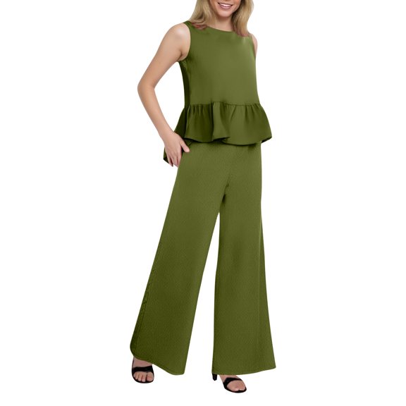 Women's Summer 2 Piece Outfits Sleeveless Ruffle Tank Crop Top & Wide Leg Pants Set With Pockets