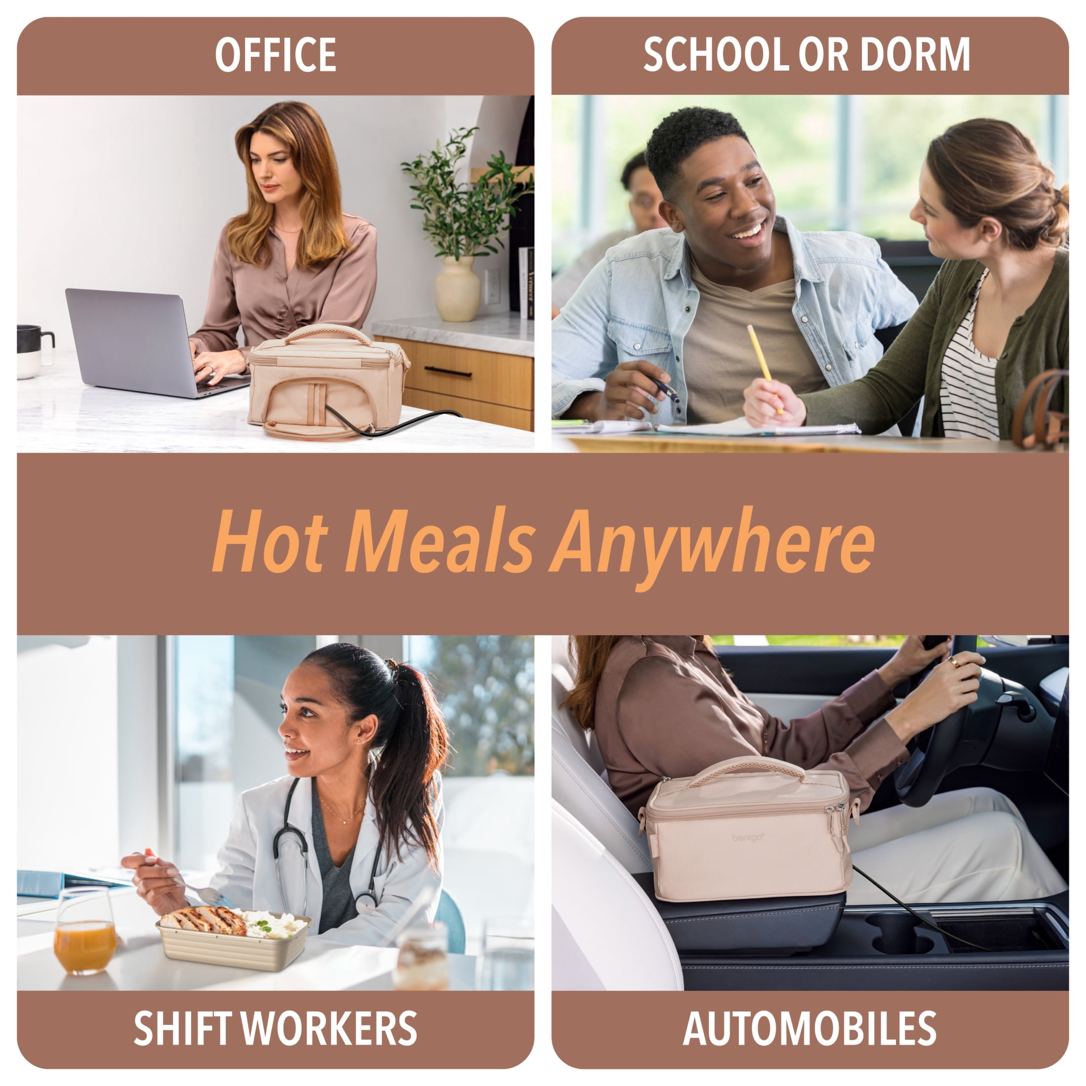 Bentgo Heat - Electric Lunch Bag & Food Warmer for Reheating Meals in Car, at Work & More - Heated Lunch Box Warmer for Adults, Students & Shift Workers, 12V/24V Auto & 120V Wall Cords (Sand)