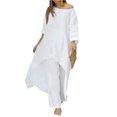 thumbnail image 1 of Top De Manga Larga + Pantalones Camisas de mujer + Pantalones de pierna ancha Casual Algodón Lino Dama Chándal 2 piezas Traje de ropa Ygjytge M Blanco para Mujer, 1 of 9