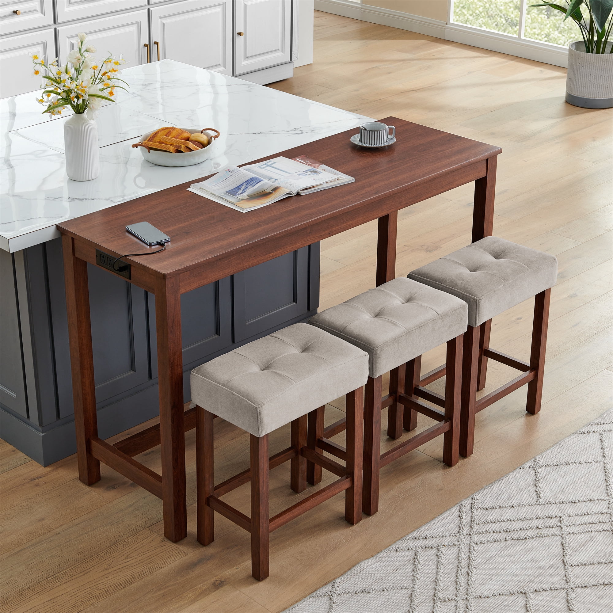 Leumius 4 Piece Bar Table Set with Power Outlet,Rustic Industrial Style Breakfast Table with 3 Padded Stools,Dining Bar Table and Chairs Set for Living Room, Dining Room, Game Room,Cherry