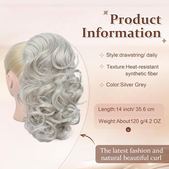 WEIF-Ponytail Extension, 14 Inch Short Drawstring Ponytail Hair Extension for Women, Soft Synthetic Pony Tails Hairpiece for Women (Silver Grey)
