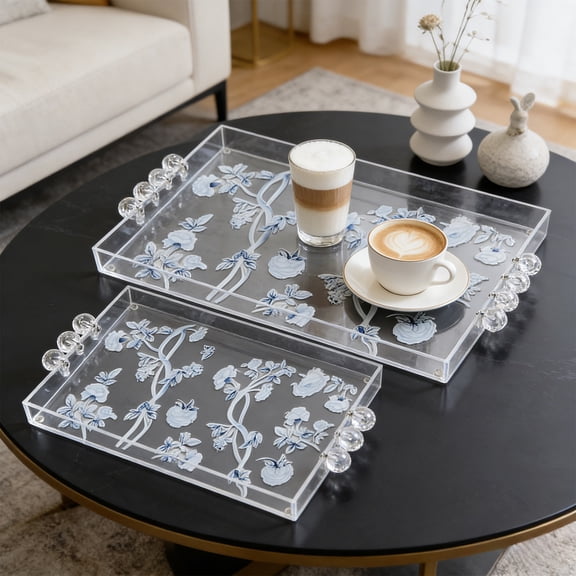 Hometravel Acrylic Serving Tray Set, Clear Plastic Platter with Handles, Decorative Breakfast Tray, Patio Party Platters, Set of 2