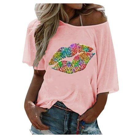 

Bospose Women O-Neck Shirt Half Sleeve Crop Top Short Crop Top Corset Top Pink Top Women S Loose Top Five-Quarter Lip Print Top Lady Top Lip Top S
