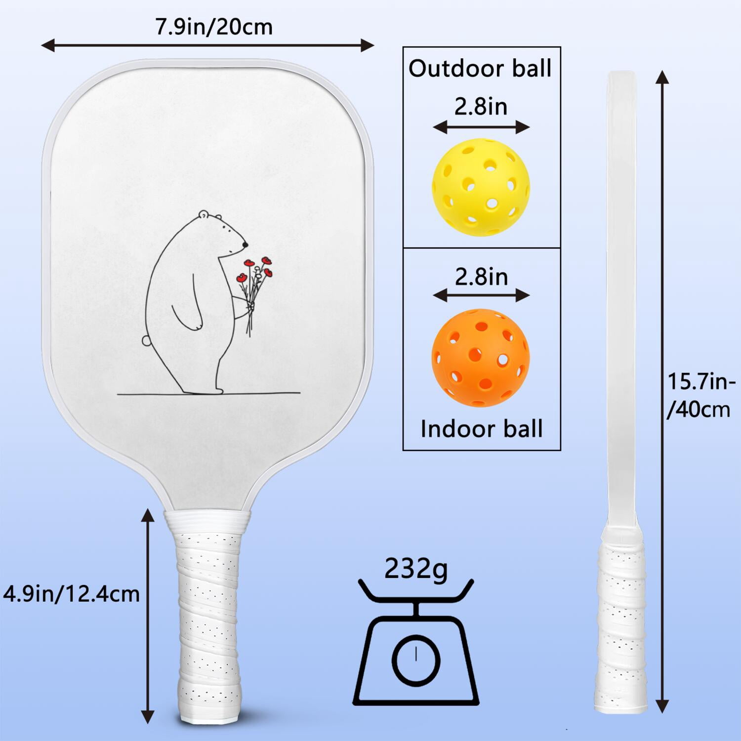 Pickleball Paddles Set Of 1, Fiberglass Surface, Cute Animals & Graffiti Print, 1 Paddle, 2 Balls & Bag