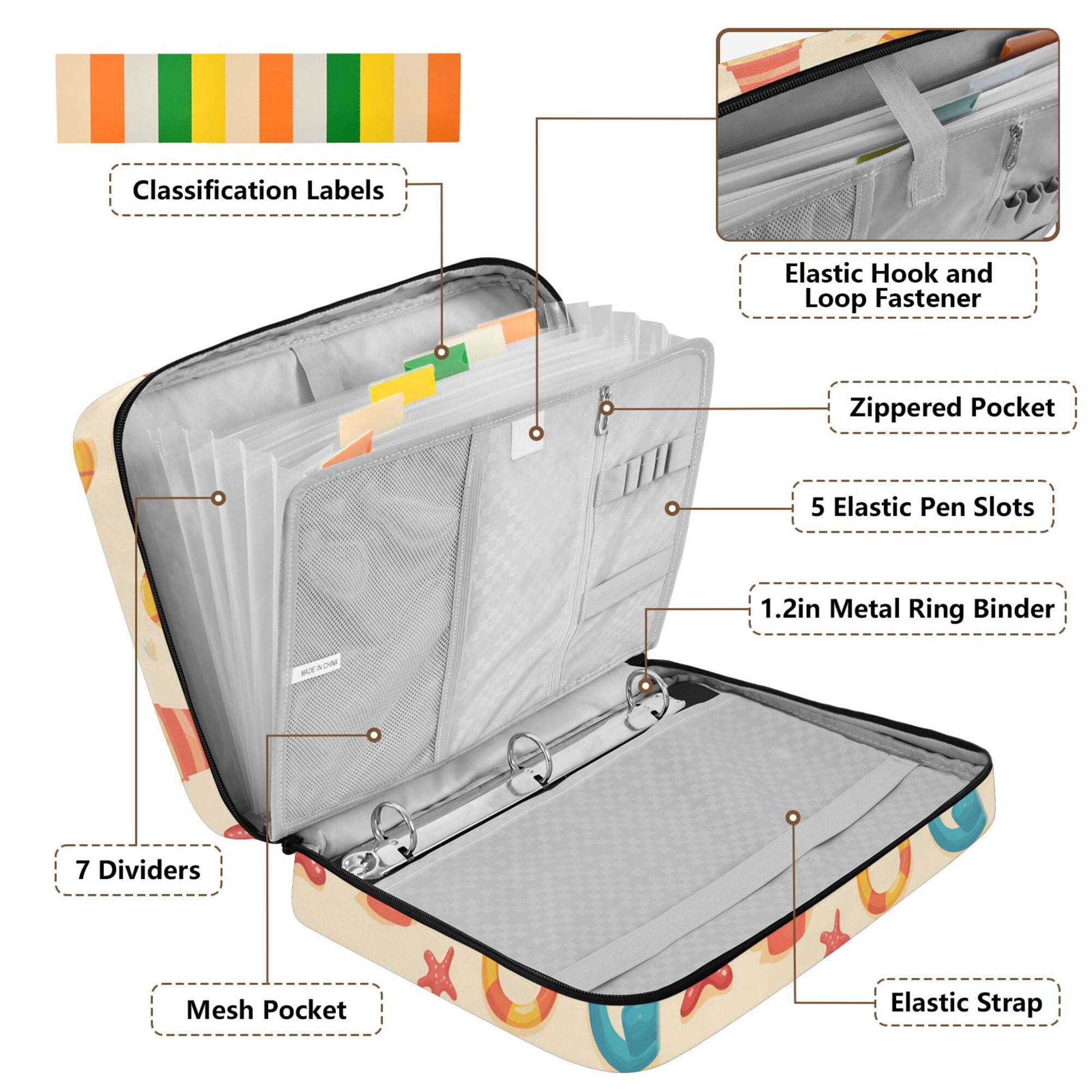 FORMRS Accordion File Folder A4 Size 7-Pocket Expanding Document Organizer Bag with 3 Ring Binder, Beach Pattern