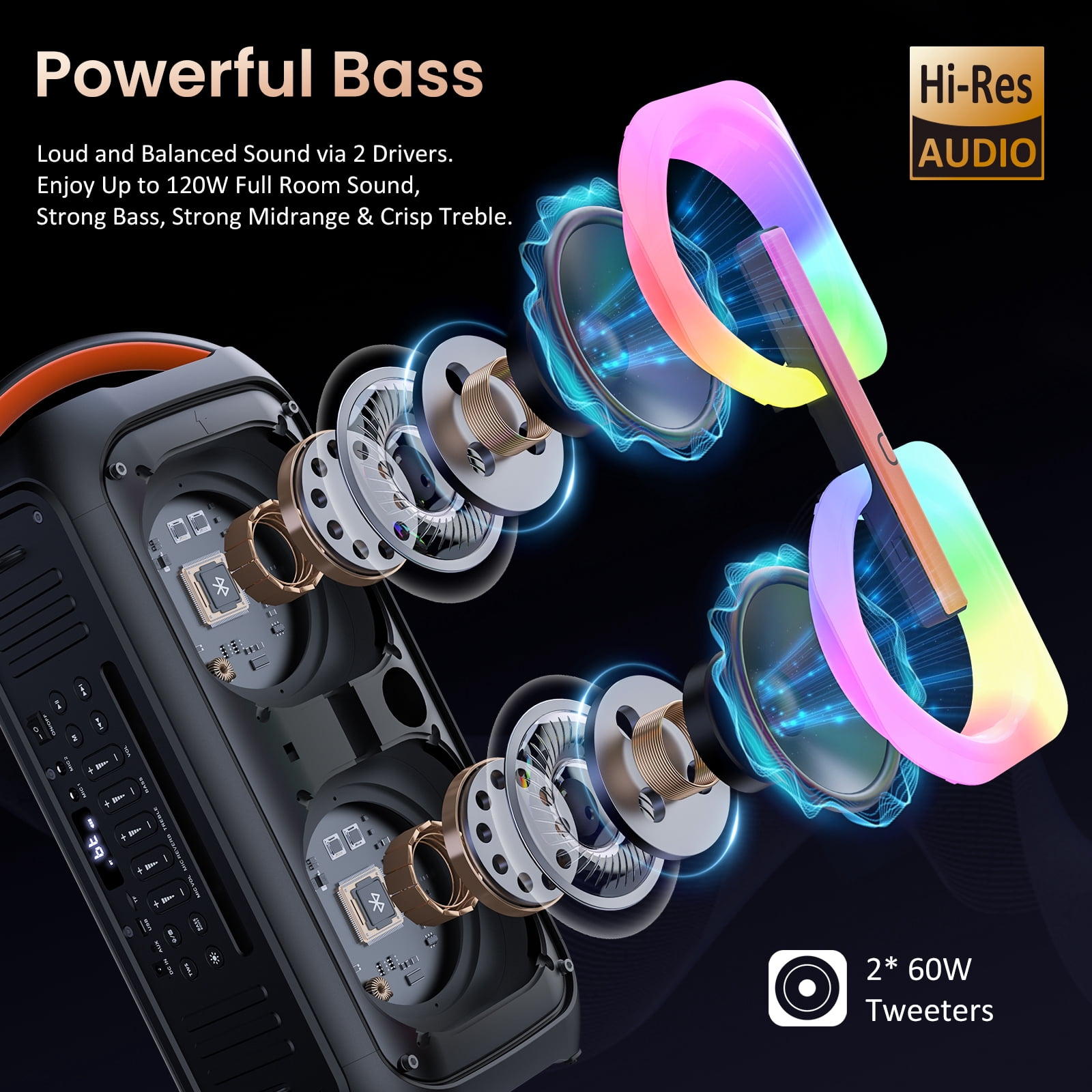 FanFun Large Bluetooth Speaker, Stereo Big Party Speaker with RGB Lights & 2 Wireless Mic, Portable Bass DJ Wireless Speakers for Outdoor, 12H Playtime, T11-T